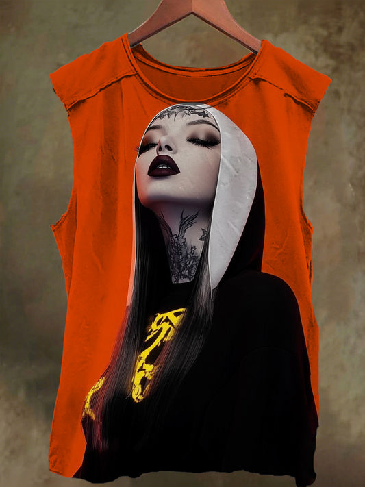 Unisex Gothic Nun Print Casual Cotton Tank Top
