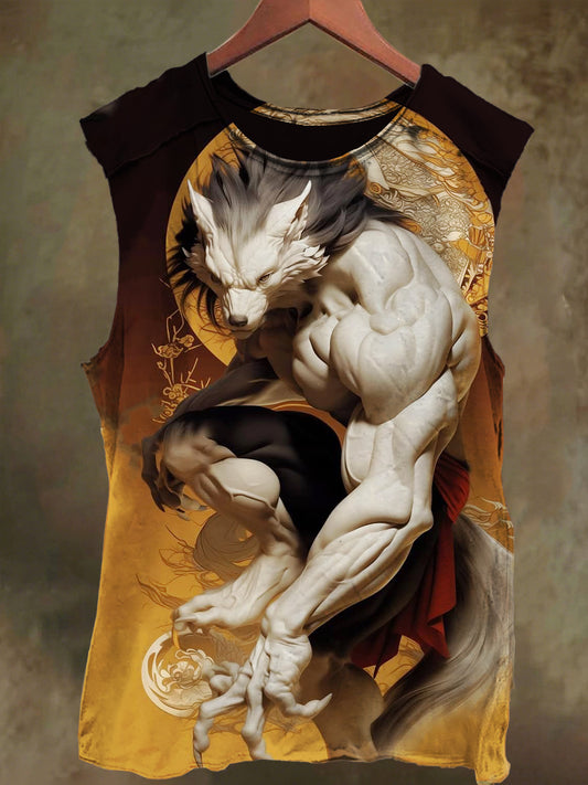 Unisex Muscle White Wolf Print Casual Cotton Tank Top