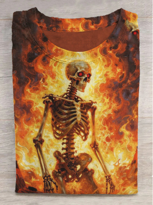 Flaming Skull Print Casual Short Sleeve T-Shirt