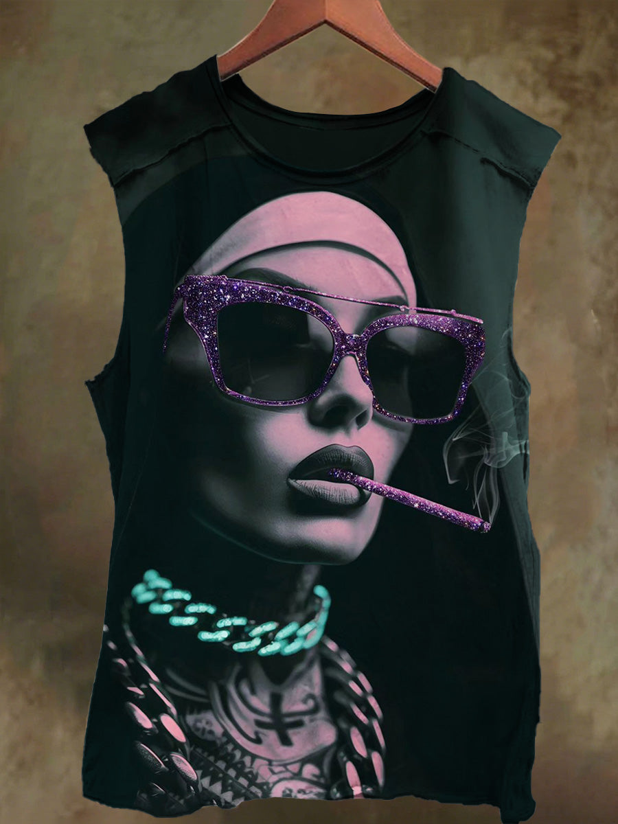 Unisex Gothic Sunglasses Nun Print Casual Cotton Tank Top