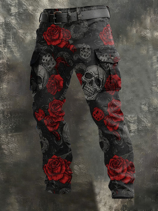 Men's Vintage Rose Skull Print Casual Trousers