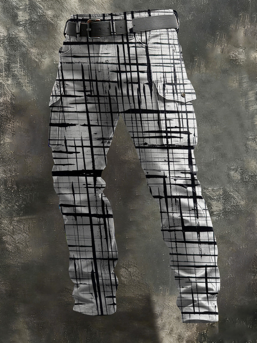 Men's vintage distressed line print casual pants