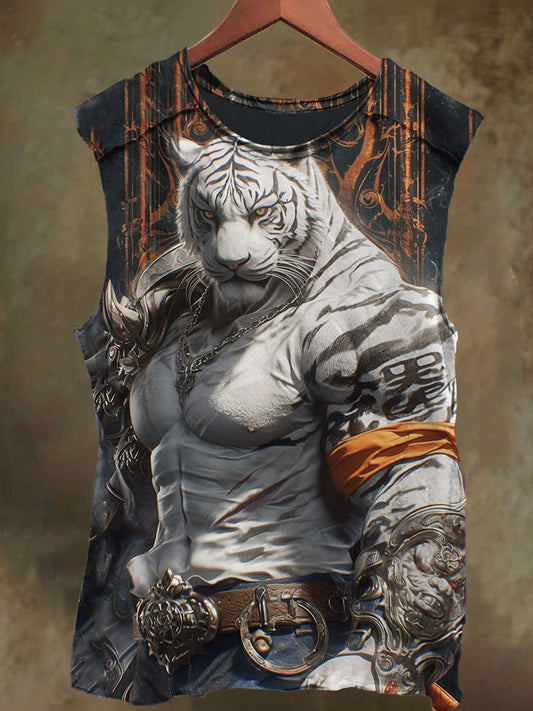 Unisex Muscle White Tiger Orc Print Casual Cotton Tank Top