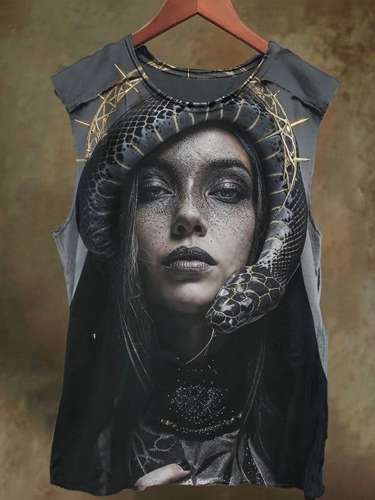 Unisex Gothic Snake and Nun Print Casual Cotton Tank Top