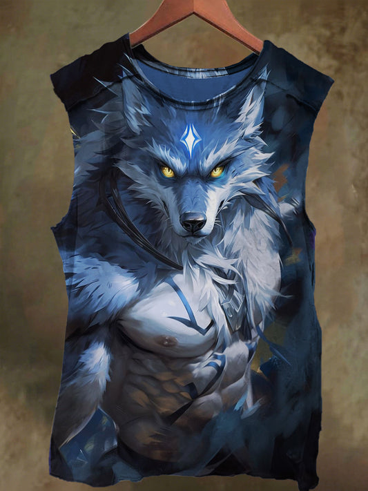 Unisex Muscle White Wolf Print Casual Cotton Tank Top