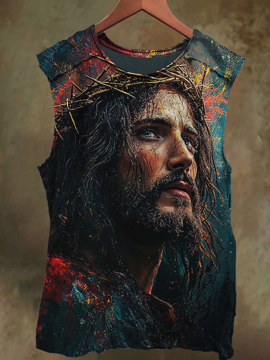 Unisex Thorns Oil Jesus Print Casual Cotton Tank Top