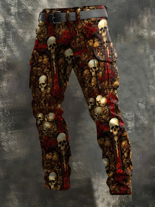 Men's Cross Rose Skull Print Casual Pants