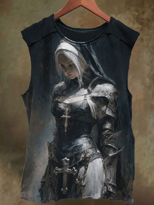 Unisex Cross White Hair Nun Printed Casual Cotton Tank Top