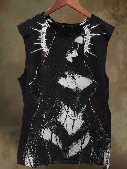 Unisex Gothic Nun Print Casual Cotton Tank Top