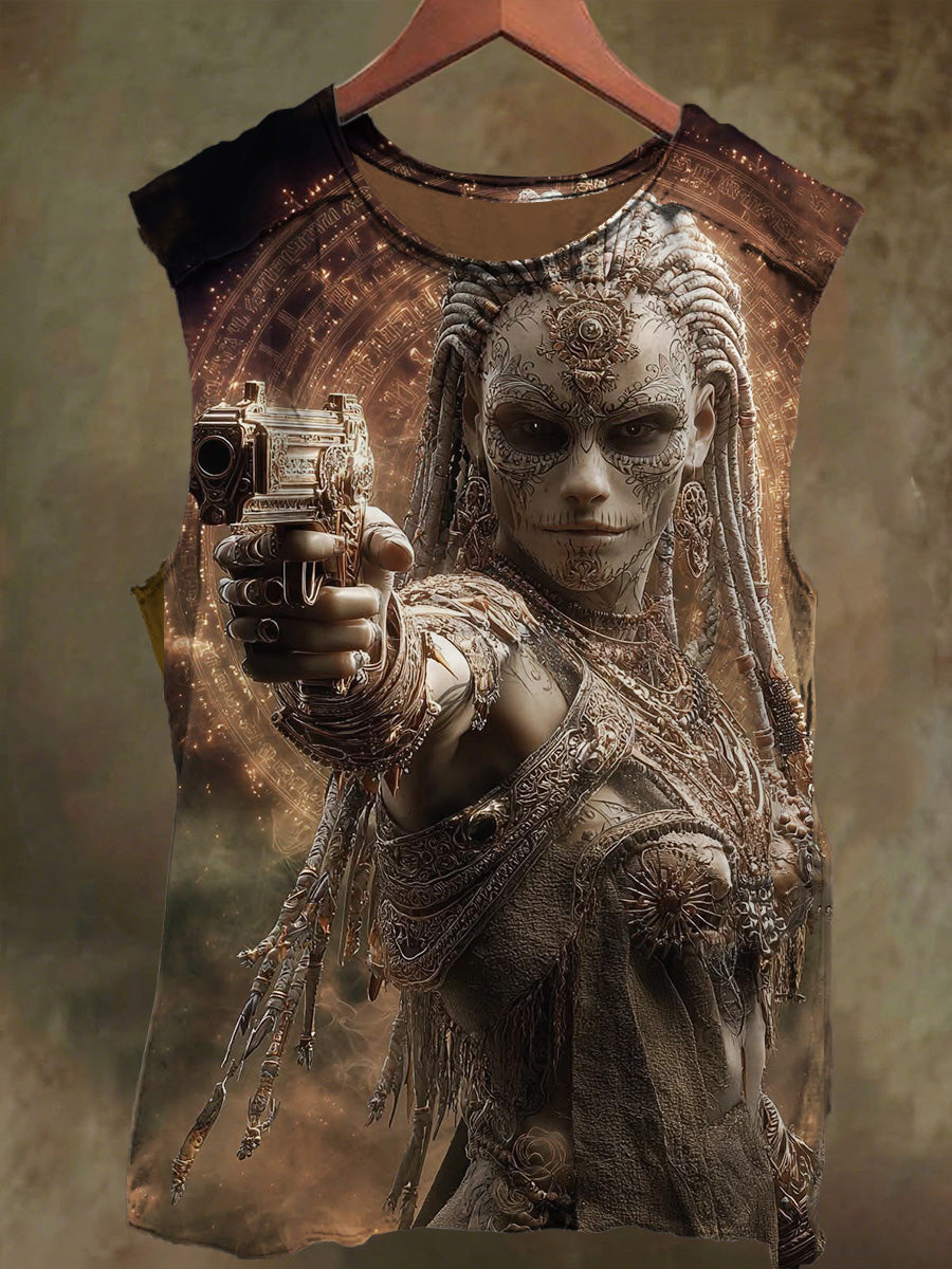 Unisex Ethnic Pistol Girl Print Casual Cotton Tank Top