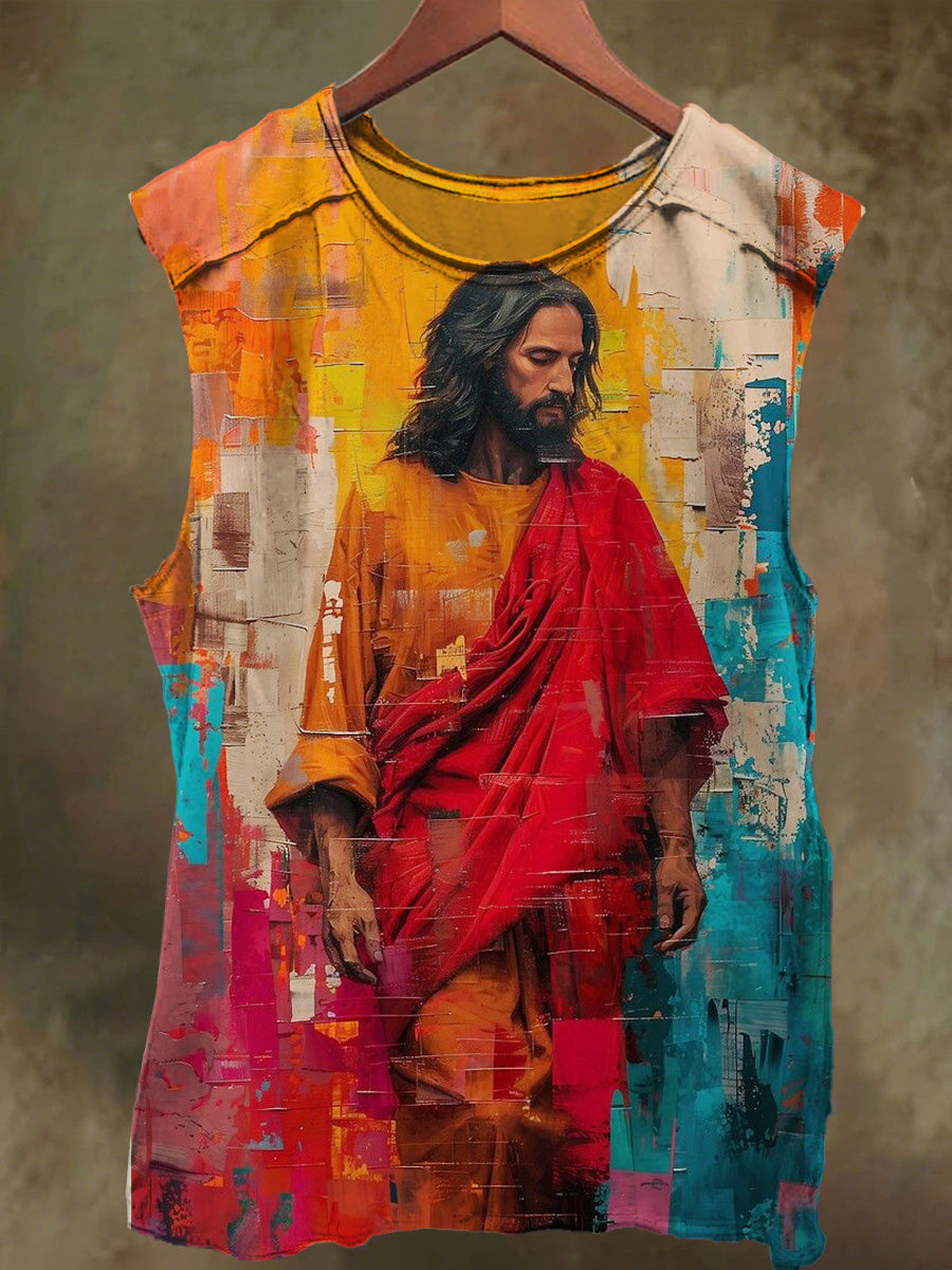Unisex Oil Painting Jesus Graffiti Print Casual Cotton Tank Top