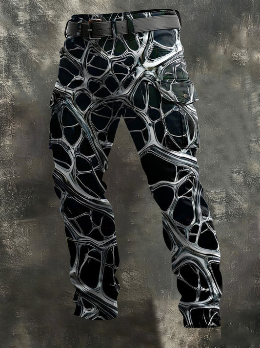 Men's Dark Silver Abstract Vascular Print Casual Pants