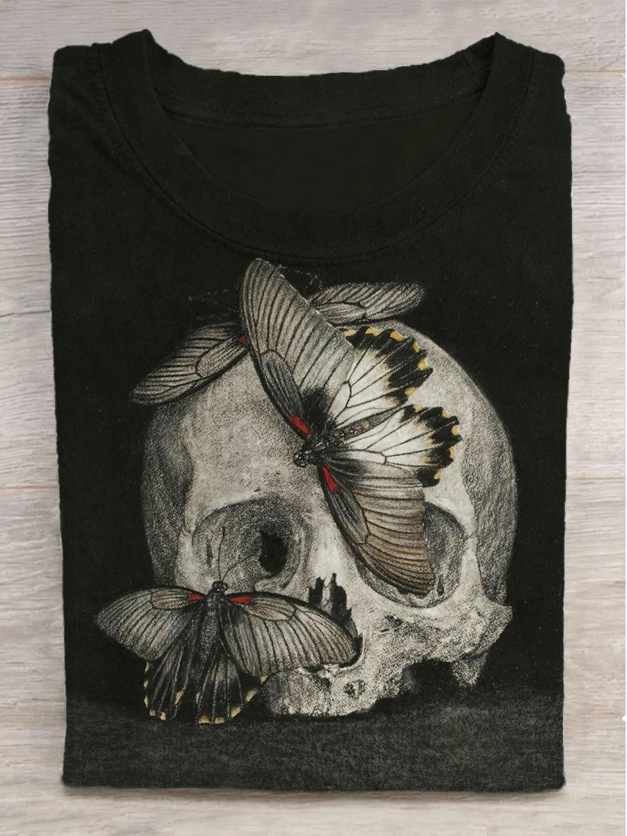 Skull Butterfly Print Round Neck Short Sleeve T-Shirt