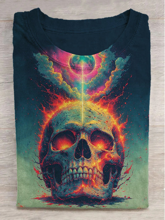 Skull Colorful Graffiti Sky Print Round Neck Short Sleeve T-Shirt