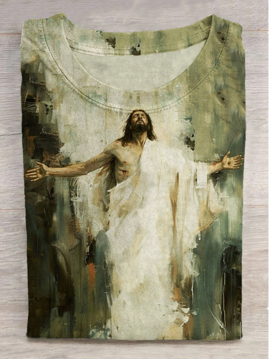 Jesus Holy Light Print Round Neck Short Sleeve T-Shirt