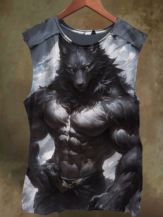 Unisex Muscle Wolf Print Casual Cotton Tank Top