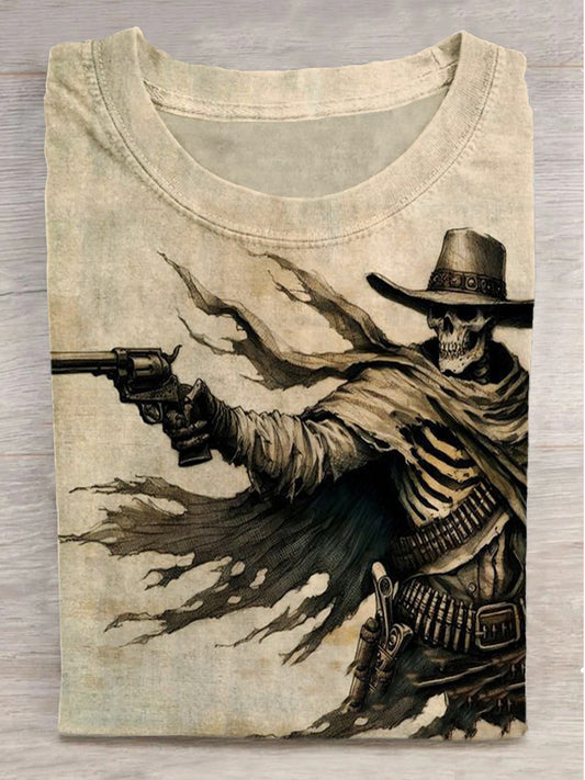 Cowboy Skull Pistol Print Round Neck Short Sleeve T-Shirt