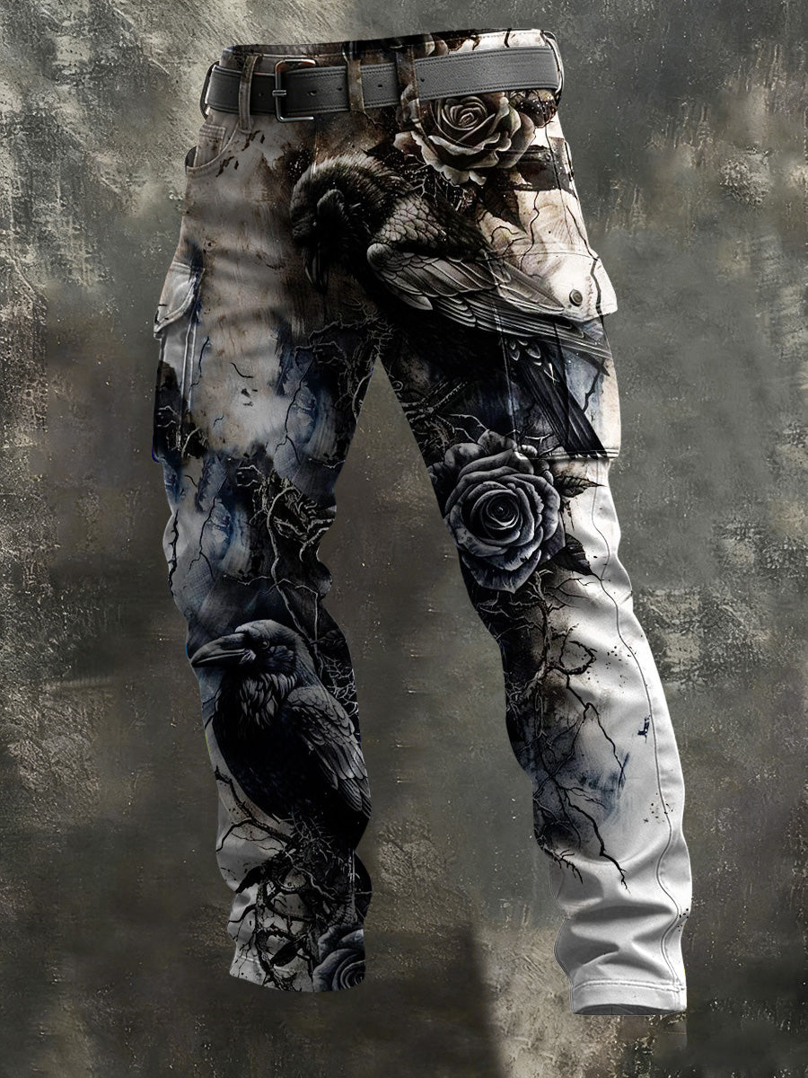 Men's Vintage Rose Crow Print Casual Trousers