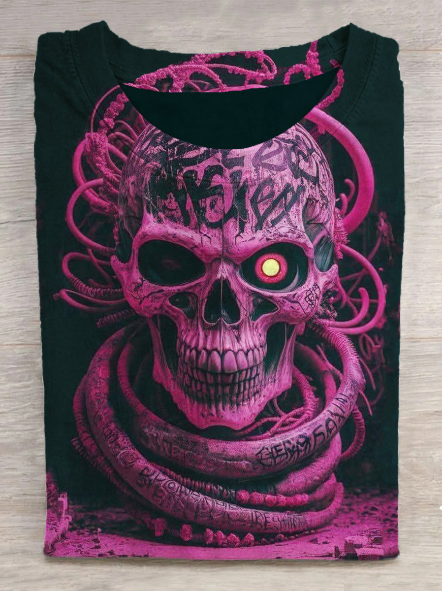 Gothic Pink Skull Print Round Neck Short Sleeve T-Shirt