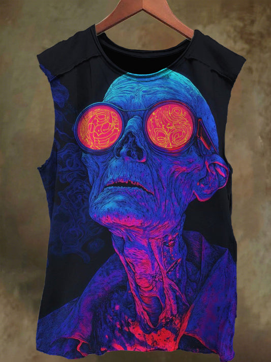 Unisex Glow-in-the-Dark Old Man Graffiti Print Cotton Tank Top