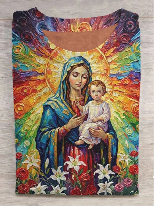 Floral Madonna Jesus Oil Print Round Neck Short Sleeve T-Shirt