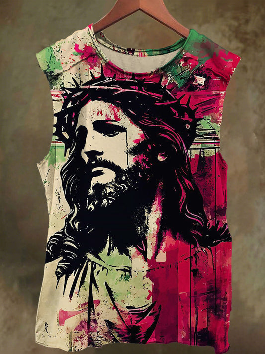 Unisex Colorful Jesus Graffiti Print Casual Cotton Tank Top