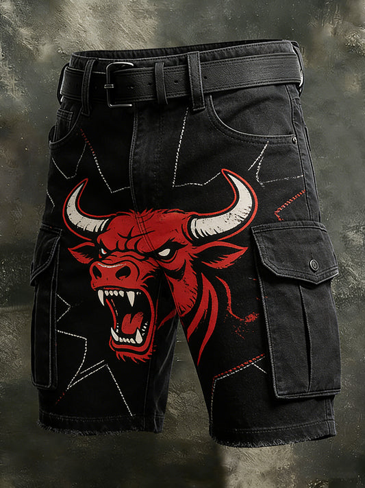 Men's Retro Vacation Business Art Western Bull Head Animal Print Casual Shorts