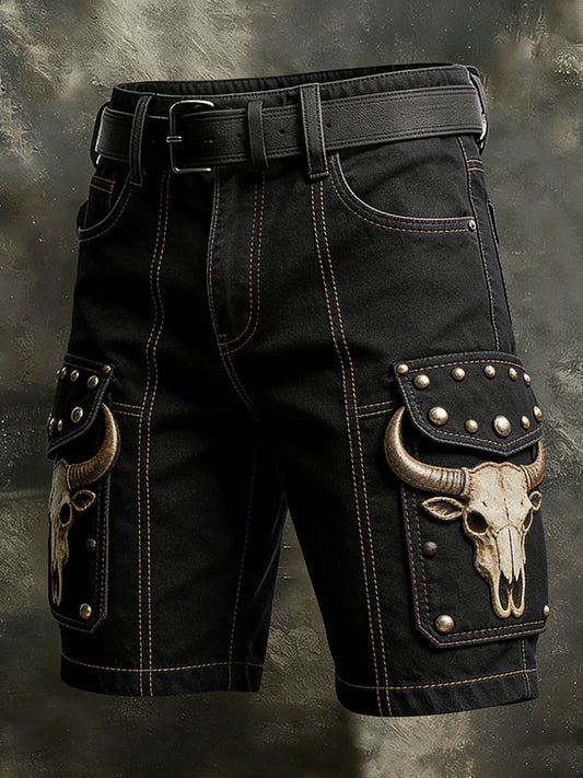 Men's Retro Vacation Business Art Western Bull Head Animal Print Casual Shorts