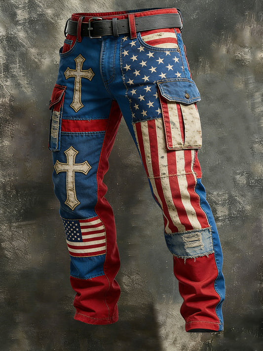 Men's Retro Vacation Business Art American Faith Print Casual Workwear Trousers