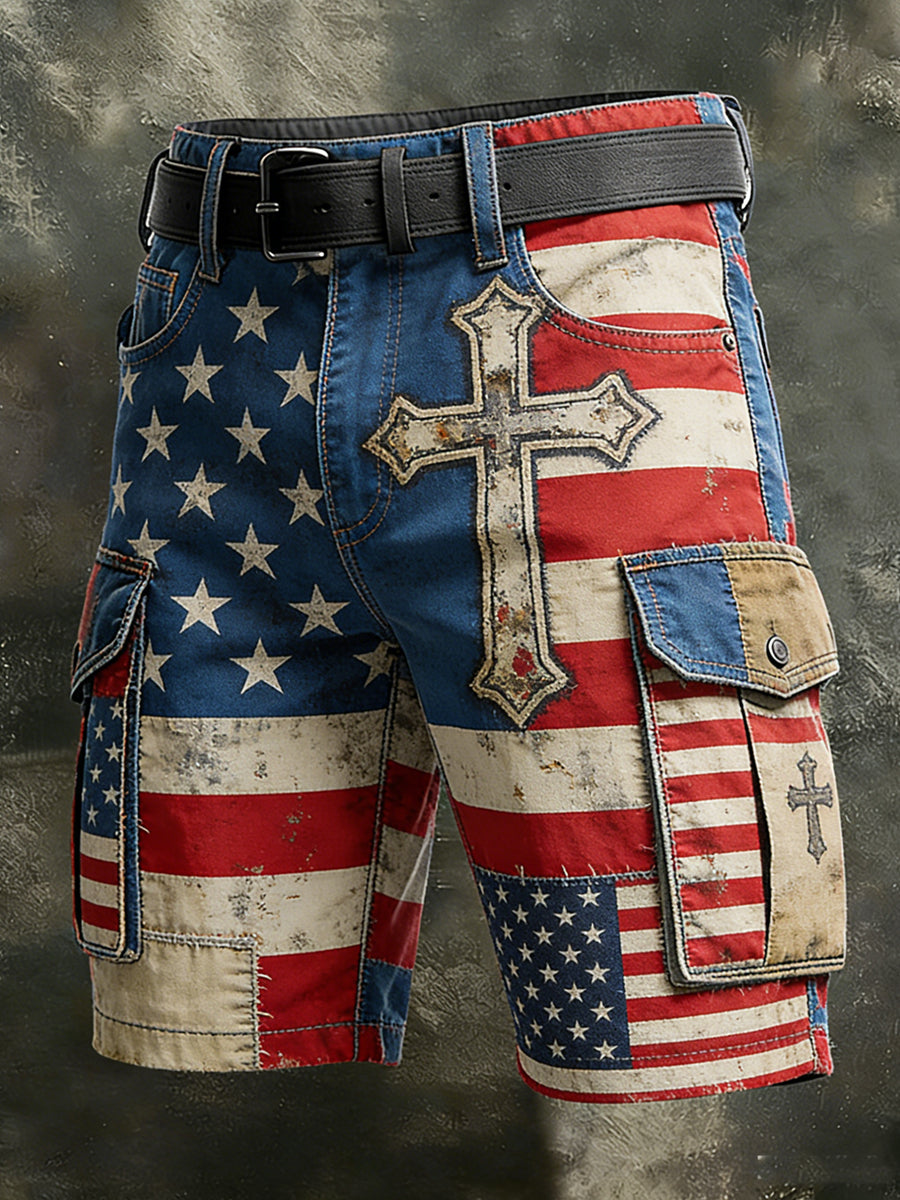 Men's Retro Vacation Business Art American Faith Print Casual Shorts