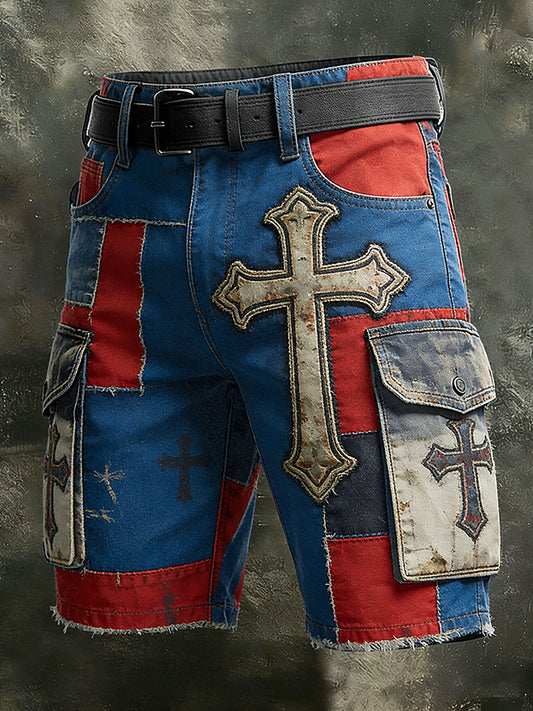 Men's Retro Vacation Business Art American Faith Print Casual Shorts