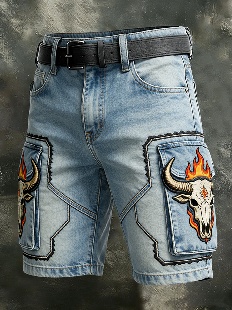 Men's Retro Vacation Business Art Western Bull Head Animal Print Casual Shorts