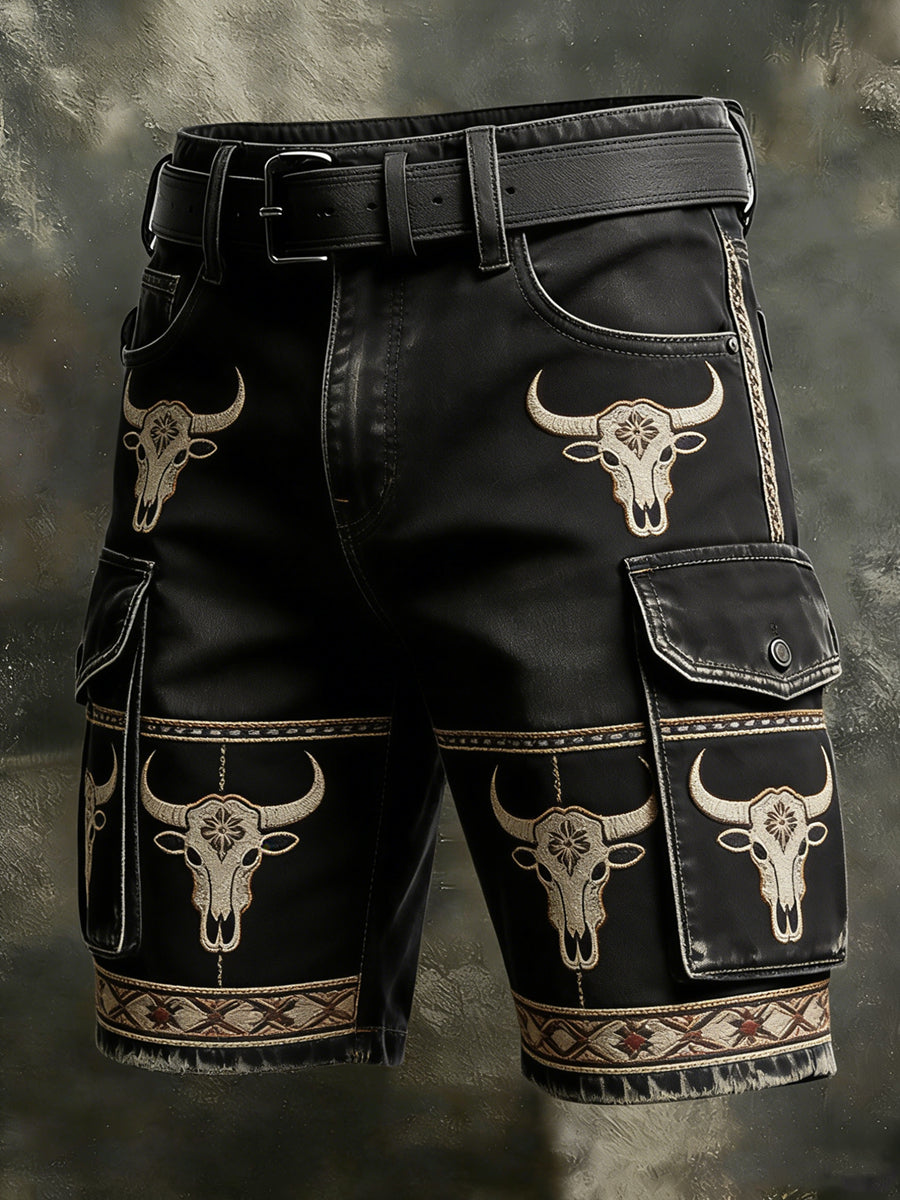 Men's Retro Vacation Business Art Western Bull Head Animal Print Casual Shorts