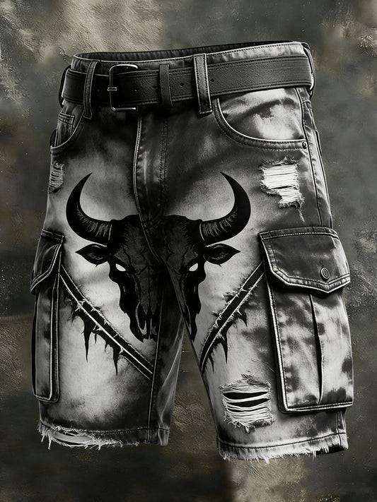 Men's Retro Vacation Business Art Western Bull Head Animal Print Casual Shorts