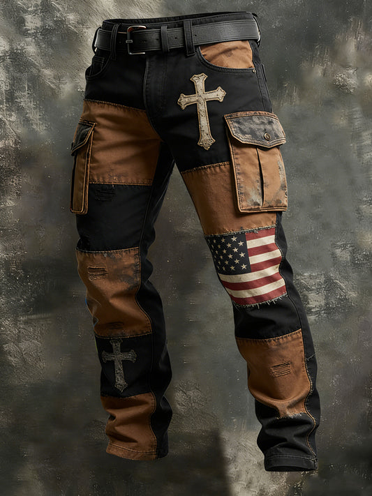 Men's Retro Vacation Business Art American Faith Print Casual Workwear Trousers