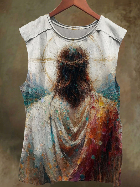 Unisex Oil Painting Jesus Back Print Casual Cotton Tank Top