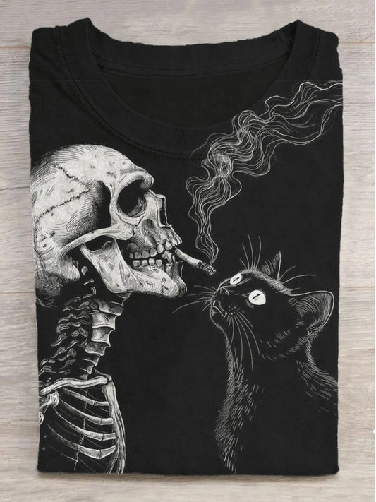 Skeleton and Cat Print Crew Neck Short Sleeve T-Shirt