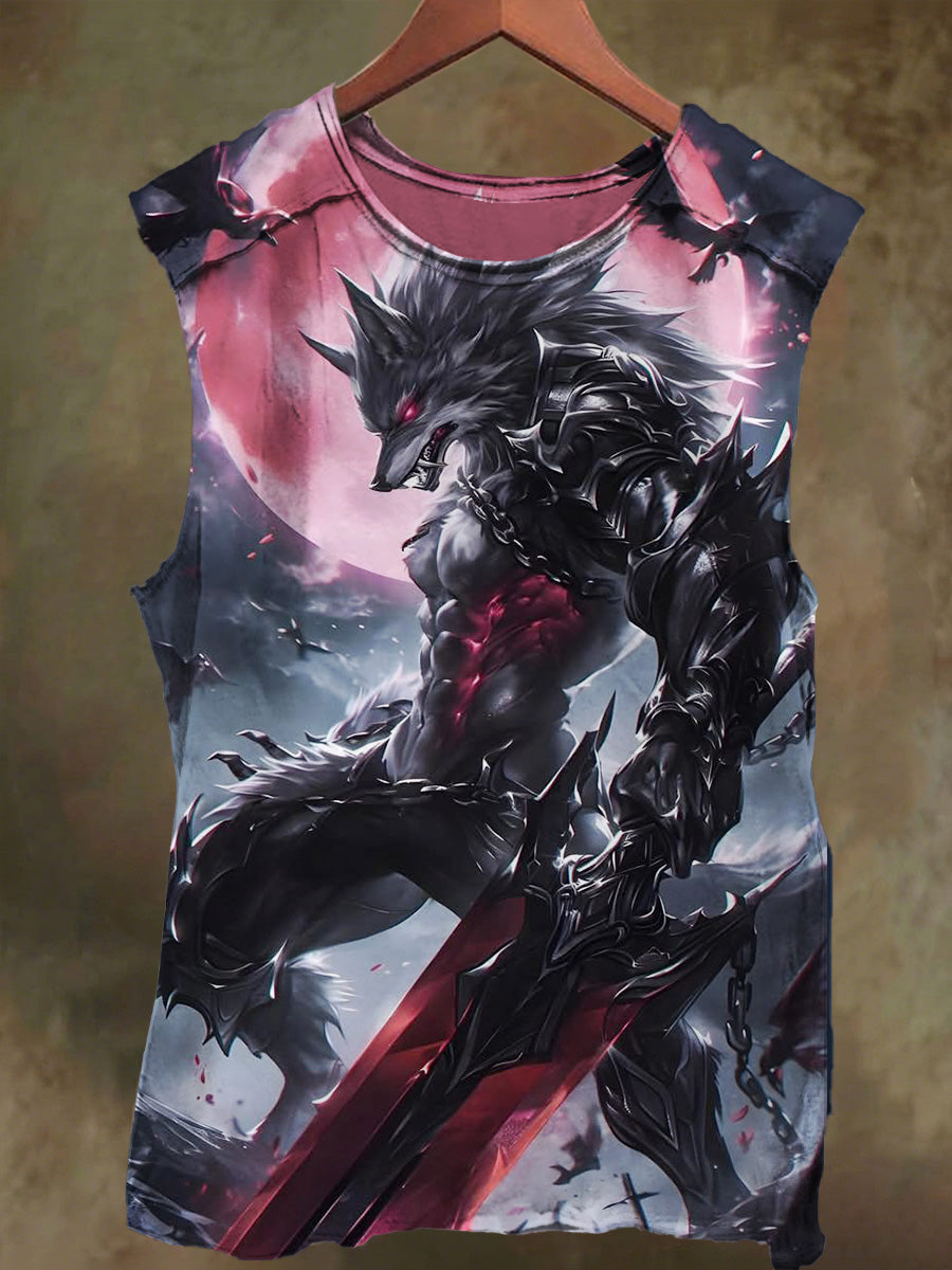 Unisex Wolf and Sword Print Casual Cotton Tank Top