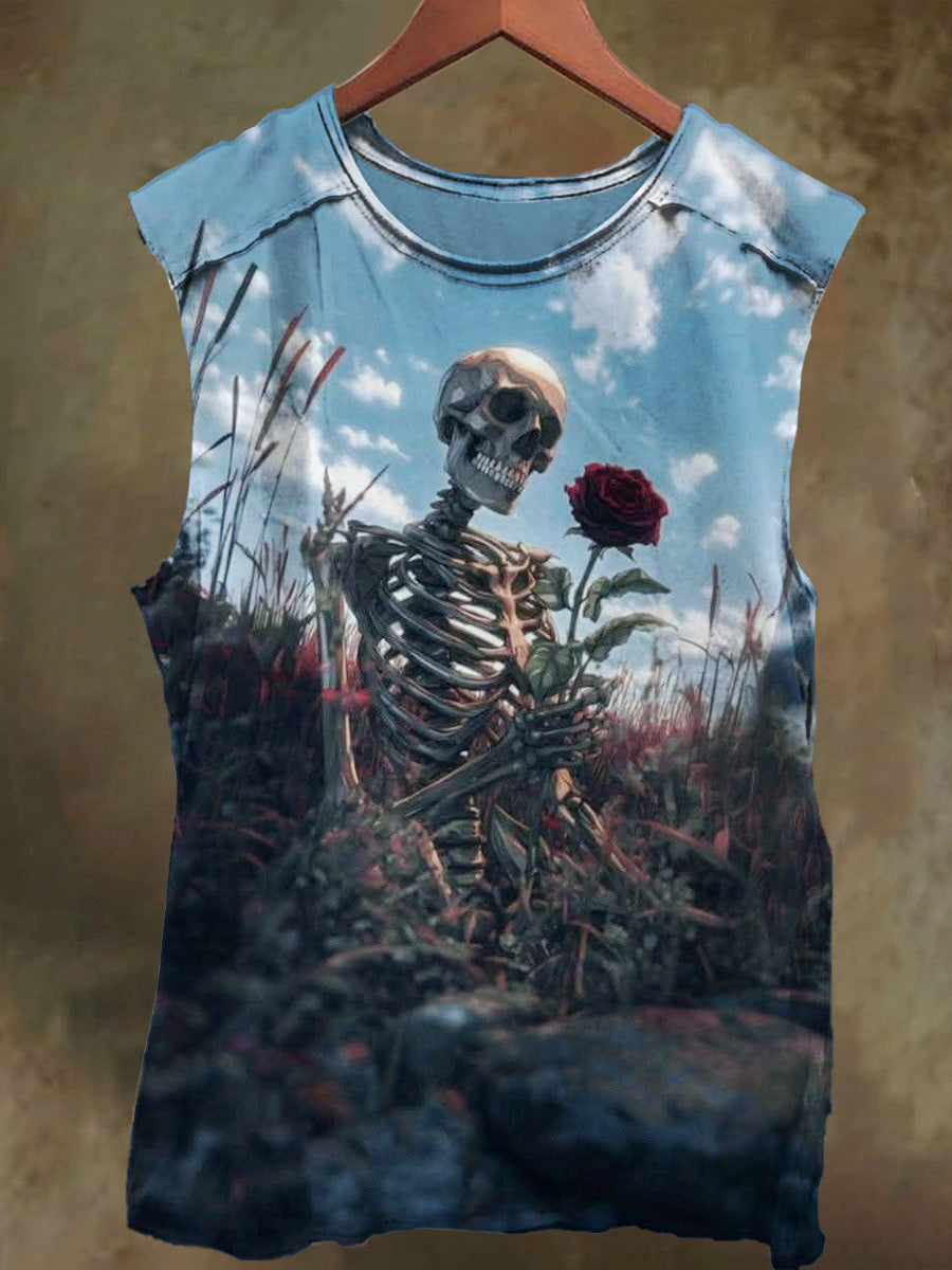 Unisex Wilderness Skull and Rose Print Casual Cotton Tank Top