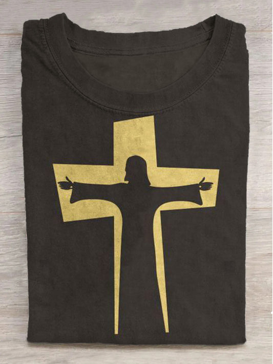 Jesus Cross Print Crew Neck Short Sleeve T-Shirt