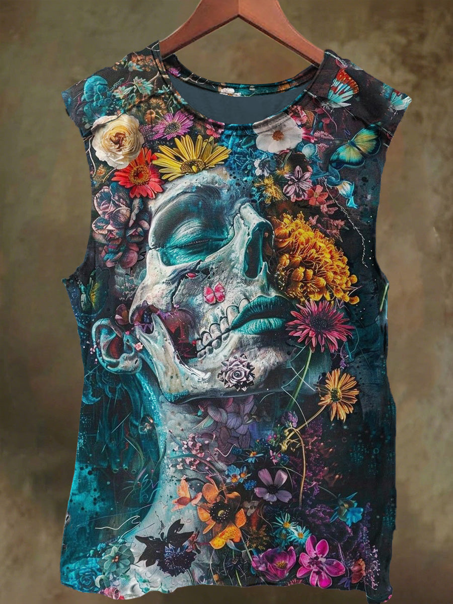Unisex Floral Skull Print Casual Cotton Tank Top