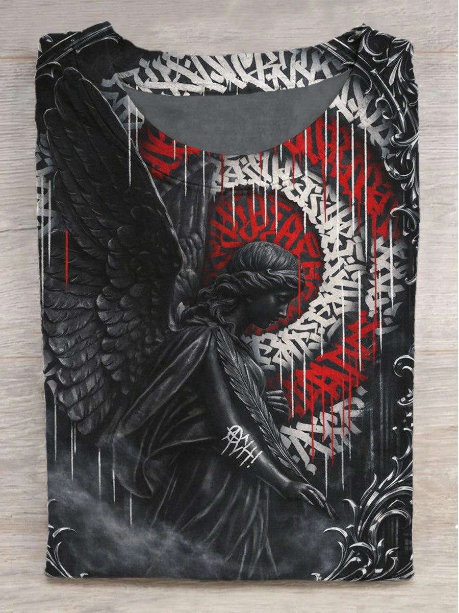 Rune Fallen Angel Print Crew Neck Short Sleeve T-Shirt