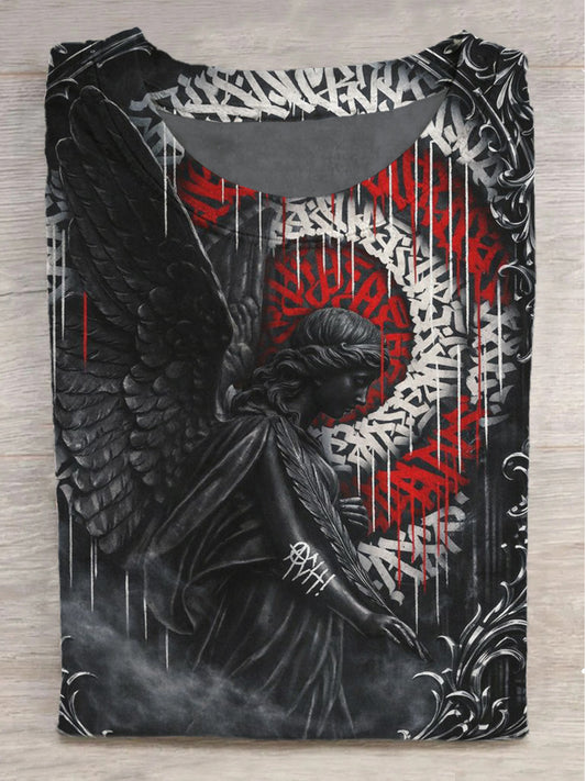 Rune Fallen Angel Print Crew Neck Short Sleeve T-Shirt