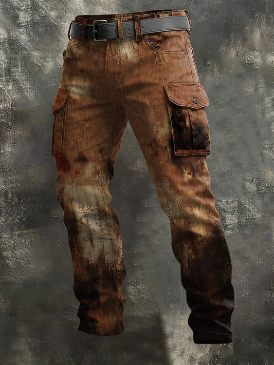 Men's Rust-Effect Textured Art Print Casual Trousers