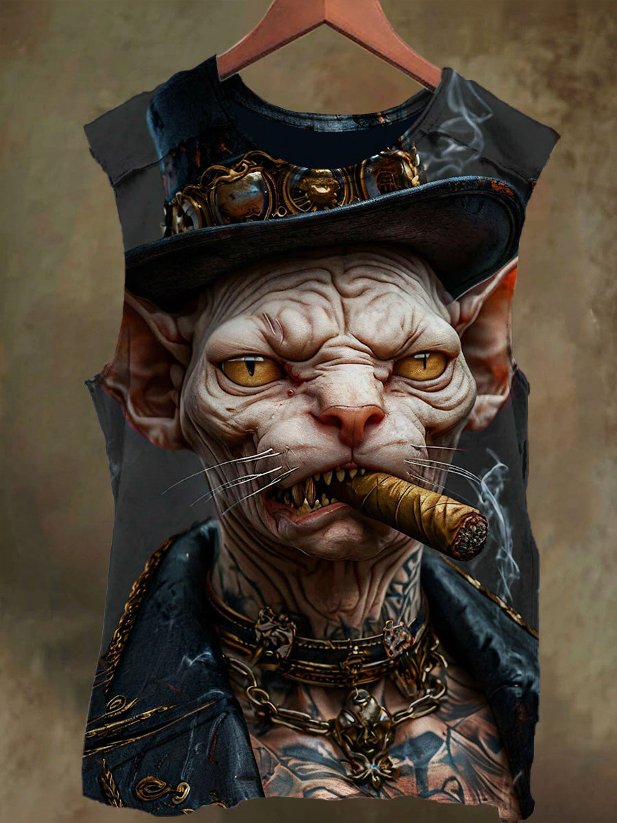 Unisex Tattoo Smoking Dog Print Casual Cotton Tank Top