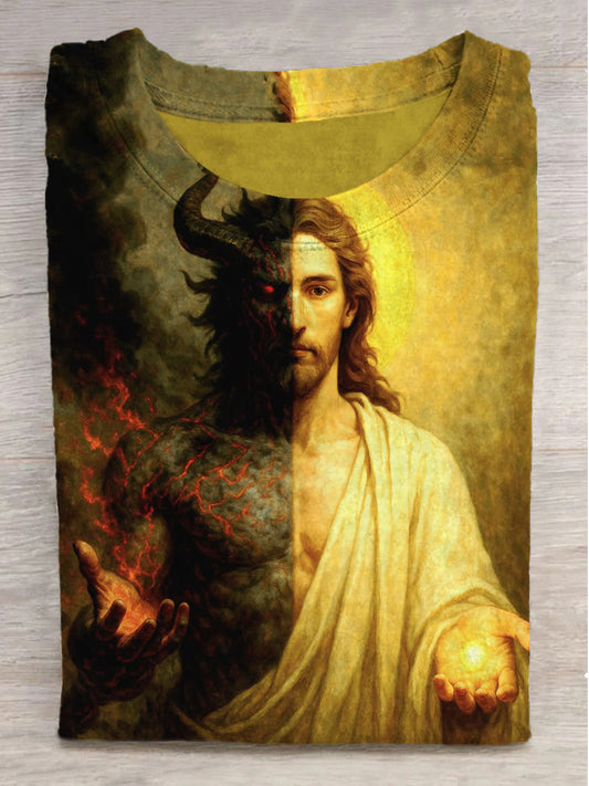 God and Devil Print Crew Neck Short Sleeve T-Shirt