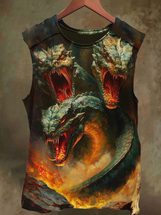 Unisex Three-Headed Snake Print Casual Cotton Tank Top