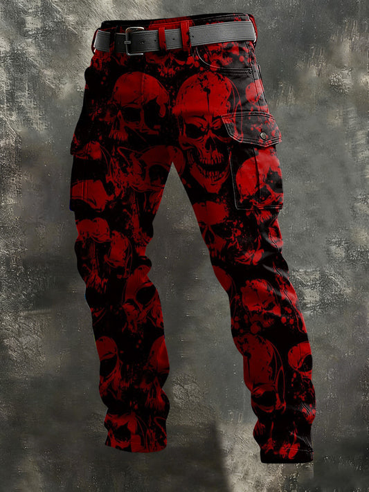 Men's Dark Blood-Red Skull Print Casual Pants