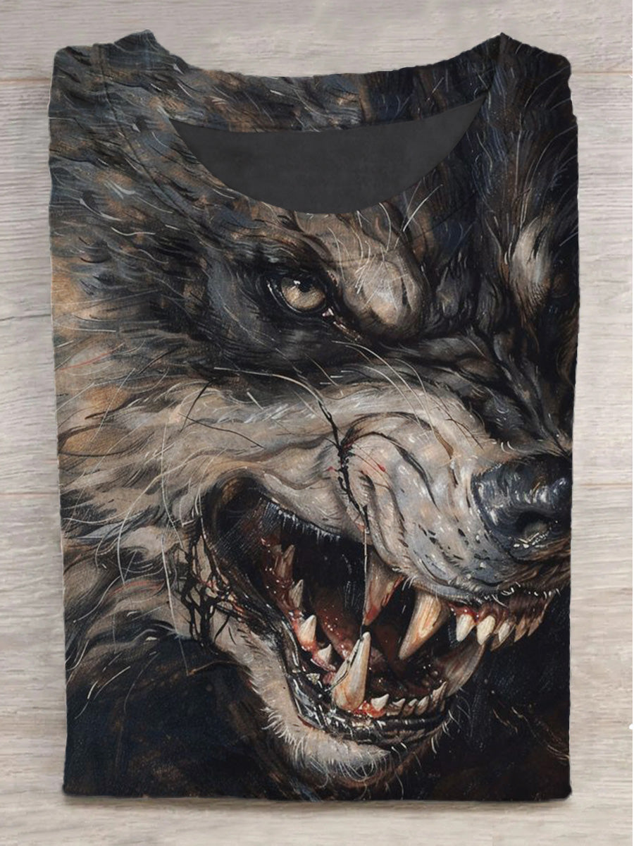 Wild Wolf Print Crew Neck Short Sleeve T-Shirt