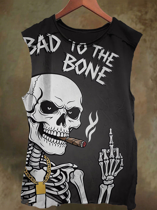 Unisex Skeleton Smoking Print Casual Cotton Tank Top